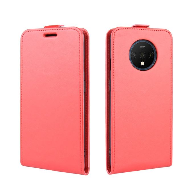 OnePlus 7T Handyhülle - Crazy Horse Leder Flipcase - vertikal - rot