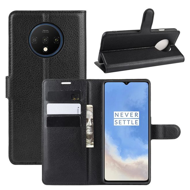 OnePlus 7T Handy Hülle - Litchi Leder Bookcover Series - schwarz