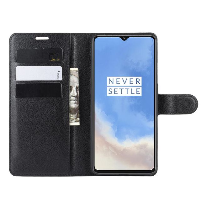 OnePlus 7T Handy Hülle - Litchi Leder Bookcover Series - schwarz