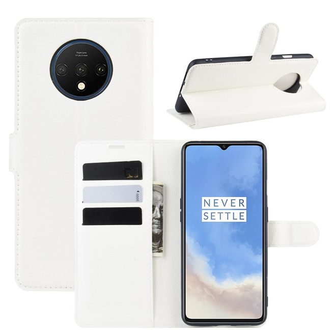 OnePlus 7T Handy Hülle - Litchi Leder Bookcover Series - weiss