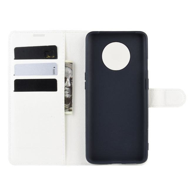 OnePlus 7T Handy Hülle - Litchi Leder Bookcover Series - weiss