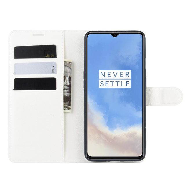 OnePlus 7T Handy Hülle - Litchi Leder Bookcover Series - weiss
