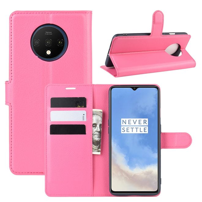 OnePlus 7T Handy Hülle - Litchi Leder Bookcover Series - rosa