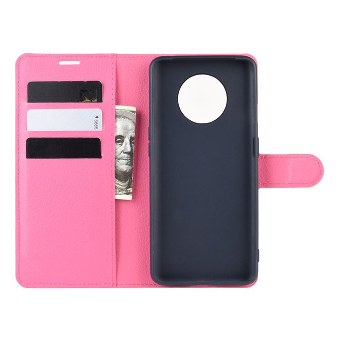 OnePlus 7T Handy Hülle - Litchi Leder Bookcover Series - rosa