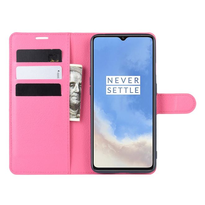 OnePlus 7T Handy Hülle - Litchi Leder Bookcover Series - rosa