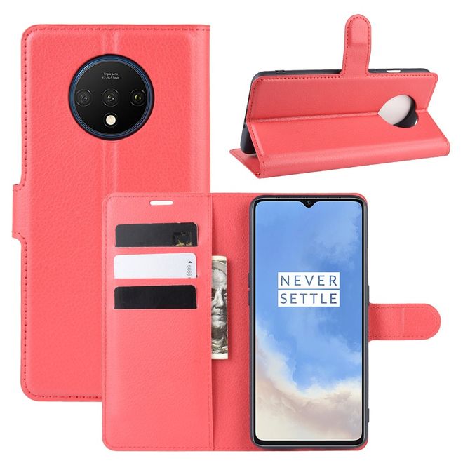 OnePlus 7T Handy Hülle - Litchi Leder Bookcover Series - rot