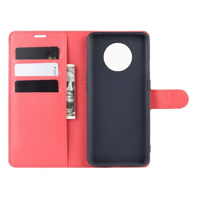 OnePlus 7T Handy Hülle - Litchi Leder Bookcover Series - rot
