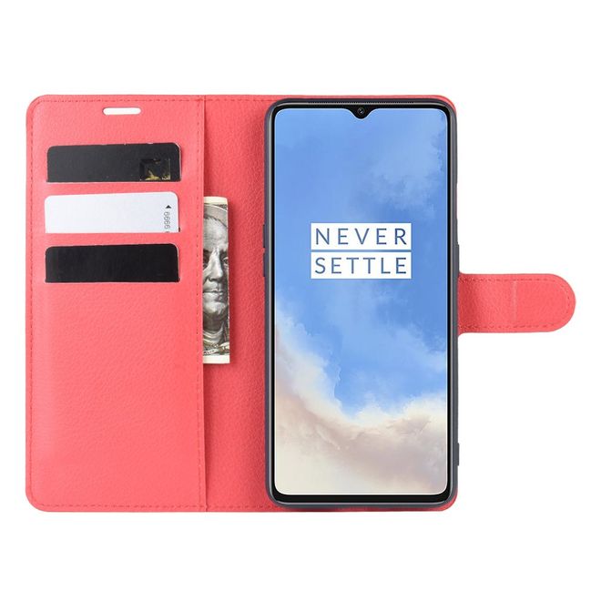 OnePlus 7T Handy Hülle - Litchi Leder Bookcover Series - rot