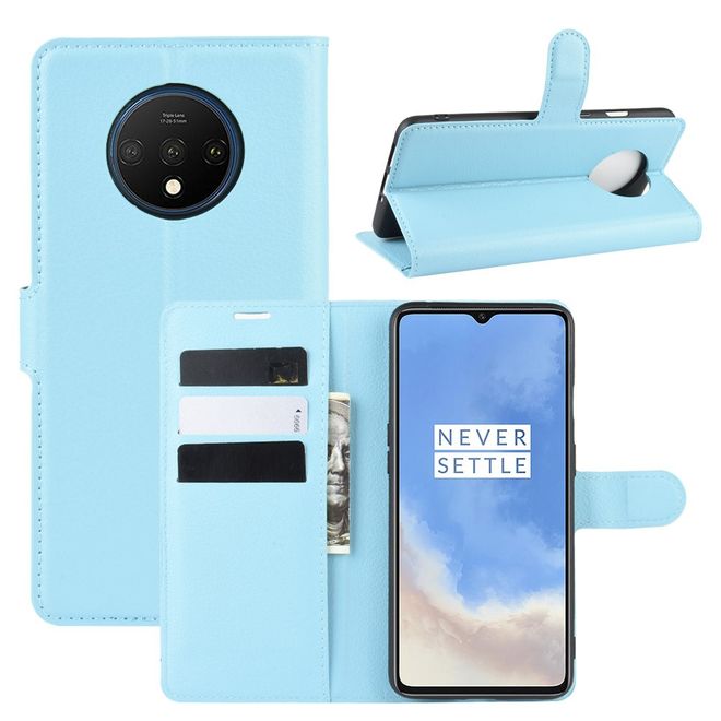 OnePlus 7T Handy Hülle - Litchi Leder Bookcover Series - blau