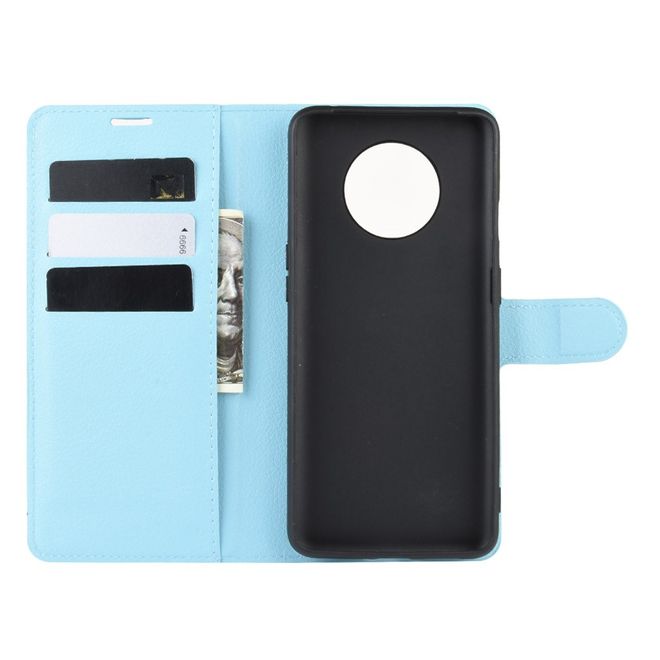OnePlus 7T Handy Hülle - Litchi Leder Bookcover Series - blau