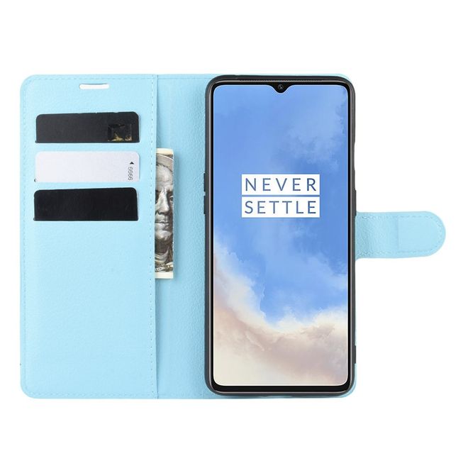 OnePlus 7T Handy Hülle - Litchi Leder Bookcover Series - blau