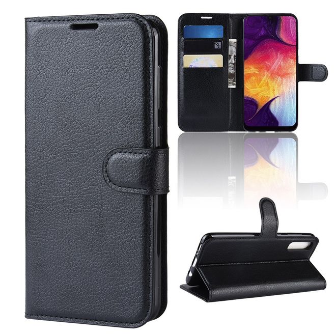 Samsung Galaxy A50 / A50s / A30s Handy Hülle - Litchi Leder Bookcover Series - schwarz