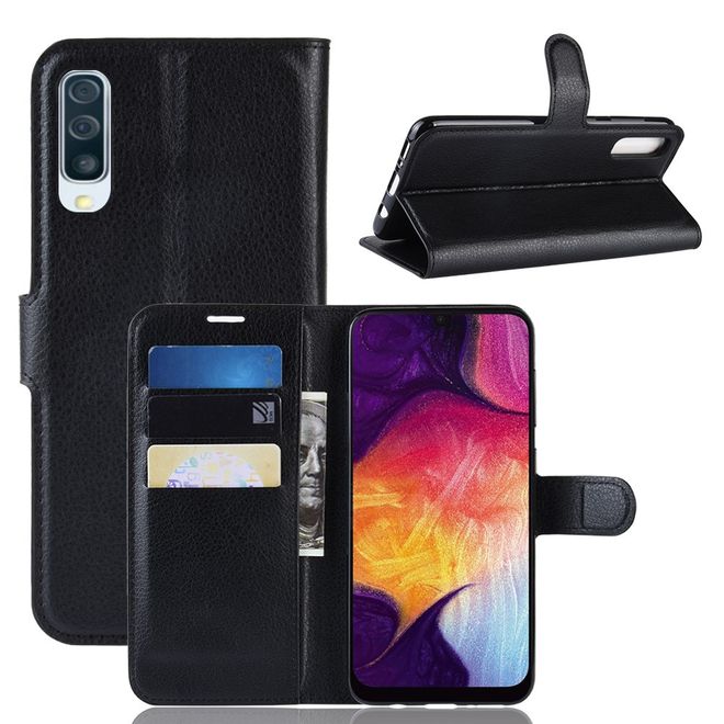 Samsung Galaxy A50 / A50s / A30s Handy Hülle - Litchi Leder Bookcover Series - schwarz