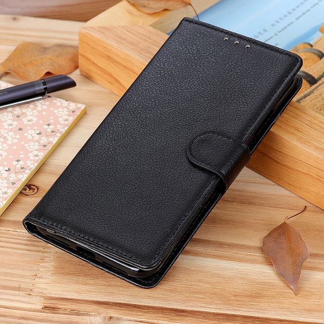 LG K40S Handy Hülle - Litchi Leder Bookcover Series - schwarz