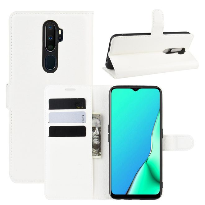 Oppo A9 (2020) / A5 (2020) Handy Hülle - Litchi Leder Bookcover Series - weiss