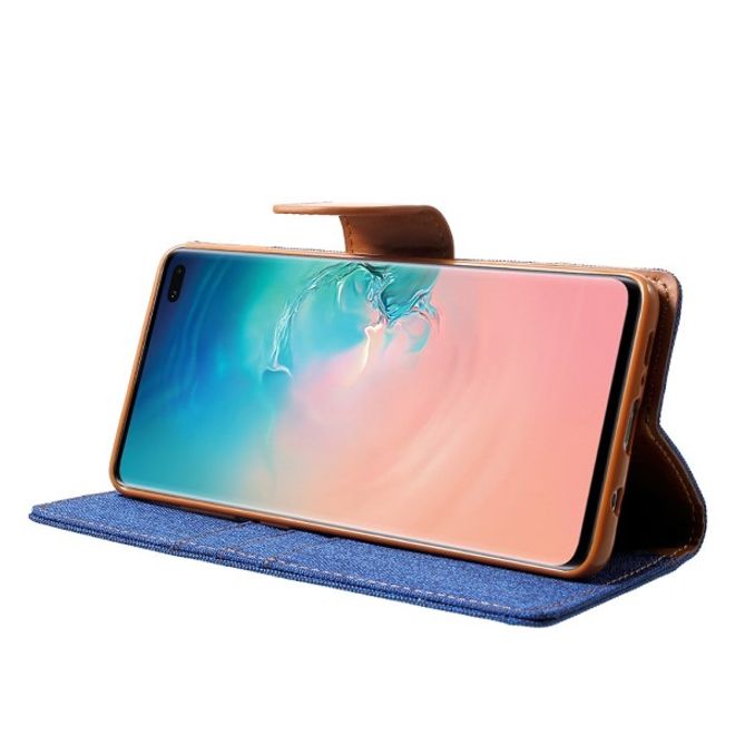 Goospery - Samsung Galaxy S20+ Hülle - Leder/Stoff Case - Canvas Diary Series - blau/camel