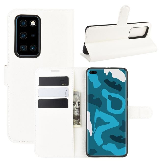 Huawei P40 Pro Handy Hülle - Litchi Leder Bookcover Series - weiss