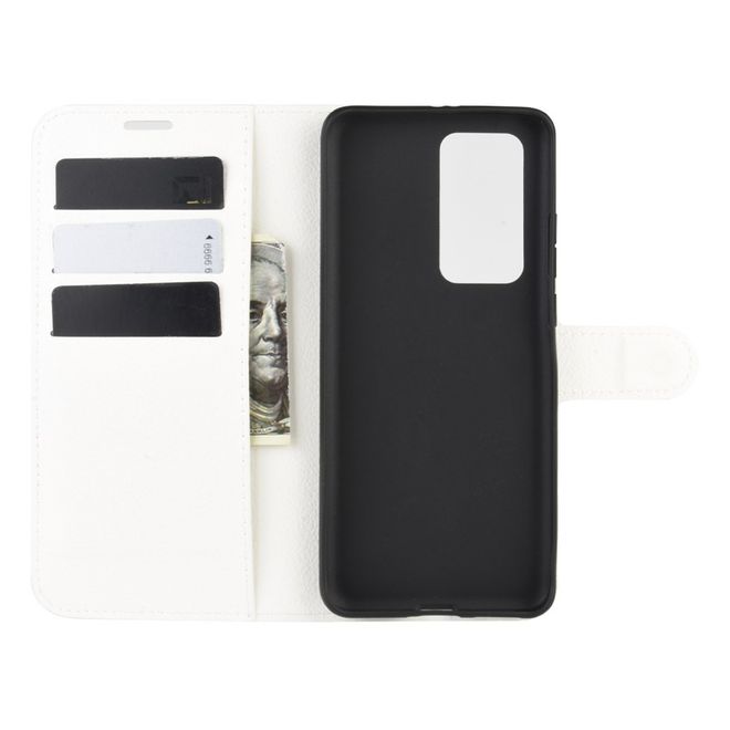 Huawei P40 Pro Handy Hülle - Litchi Leder Bookcover Series - weiss