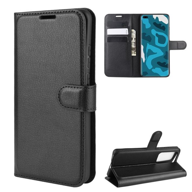Huawei P40 Pro Handy Hülle - Litchi Leder Bookcover Series - schwarz