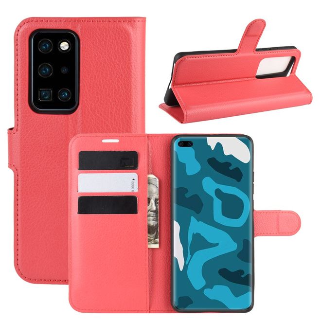 Huawei P40 Pro Handy Hülle - Litchi Leder Bookcover Series - rot