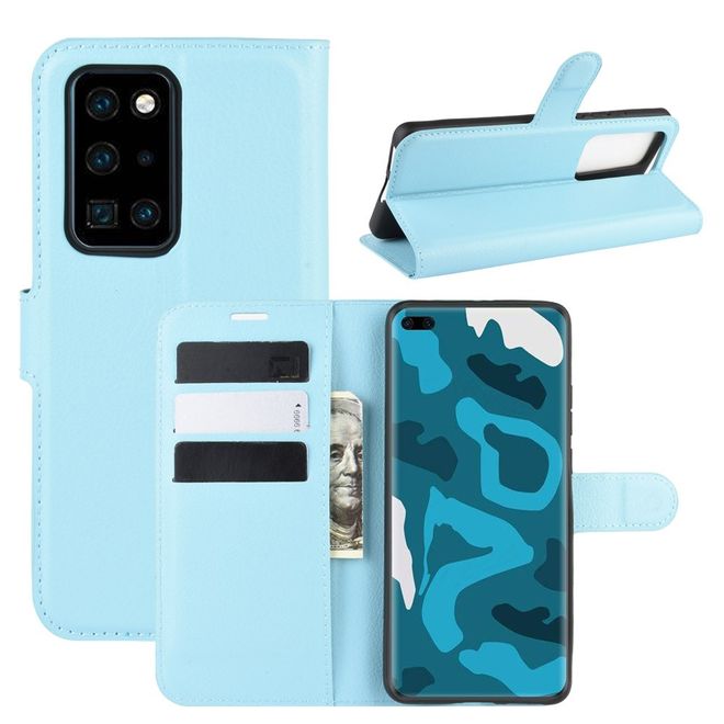 Huawei P40 Pro Handy Hülle - Litchi Leder Bookcover Series - blau