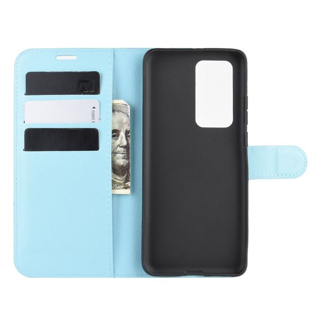 Huawei P40 Pro Handy Hülle - Litchi Leder Bookcover Series - blau
