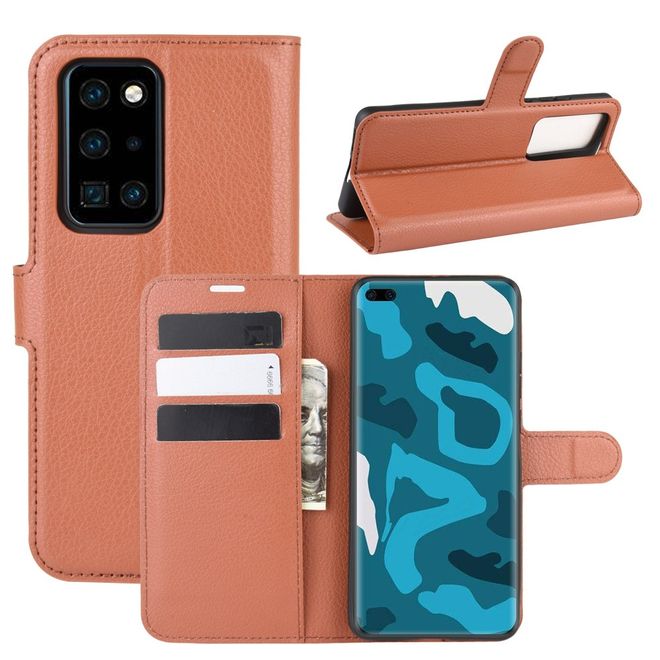 Huawei P40 Pro Handy Hülle - Litchi Leder Bookcover Series - braun