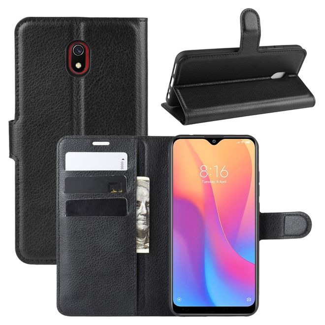 Xiaomi Redmi 8A Handy Hülle - Litchi Leder Bookcover Series - schwarz