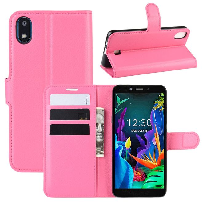 LG K20 (2019) Handy Hülle - Litchi Leder Bookcover Series - rosa