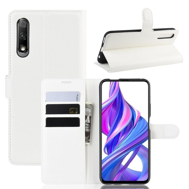Huawei Honor 9X Handy Hülle - Litchi Leder Bookcover Series - weiss