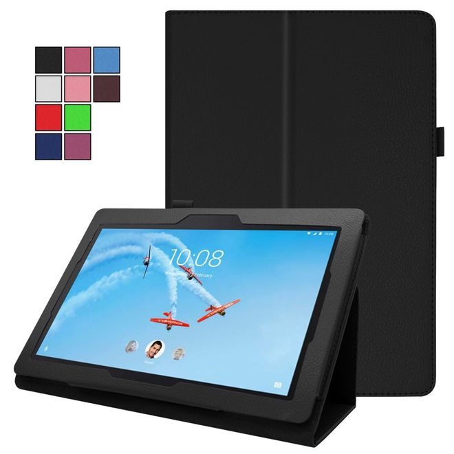 Étui pour tablette Lenovo Tab E10 - Étui en cuir - Motif litchi - Noir
