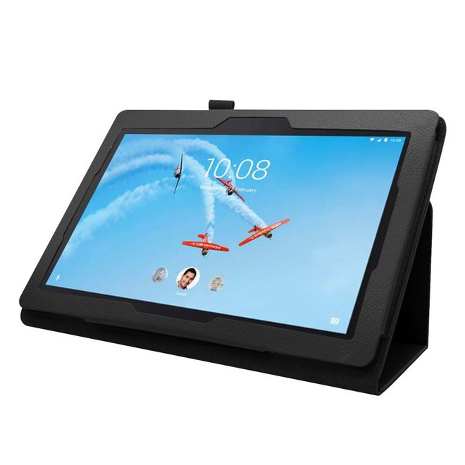 Étui pour tablette Lenovo Tab E10 - Étui en cuir - Motif litchi - Noir
