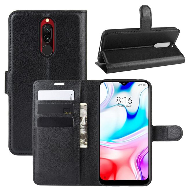 Xiaomi Redmi 8 Handy Hülle - Litchi Leder Bookcover Series - schwarz