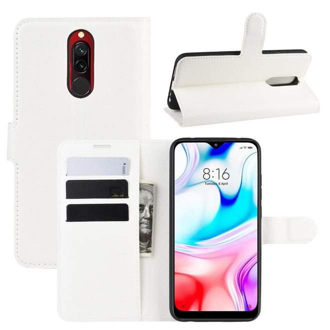Xiaomi Redmi 8 Handy Hülle - Litchi Leder Bookcover Series - weiss