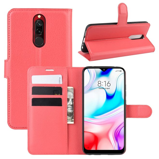 Xiaomi Redmi 8 Handy Hülle - Litchi Leder Bookcover Series - rot