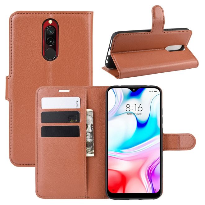 Xiaomi Redmi 8 Handy Hülle - Litchi Leder Bookcover Series - braun