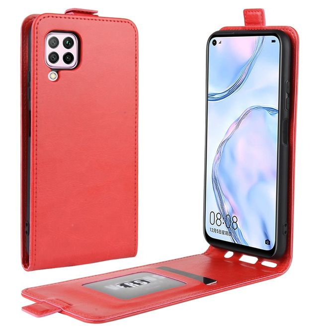 Huawei P40 Lite Handyhülle - Crazy Horse Leder Flipcase - vertikal - rot