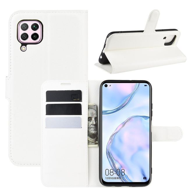 Huawei P40 Lite Handy Hülle - Litchi Leder Bookcover Series - weiss