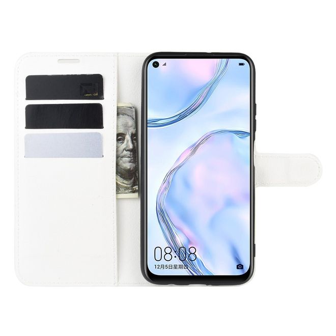 Huawei P40 Lite Handy Hülle - Litchi Leder Bookcover Series - weiss