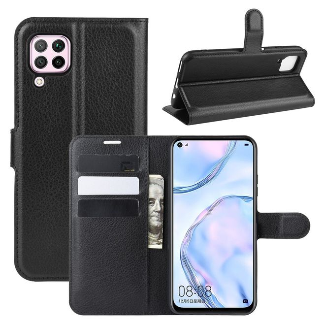Huawei P40 Lite Handy Hülle - Litchi Leder Bookcover Series - schwarz