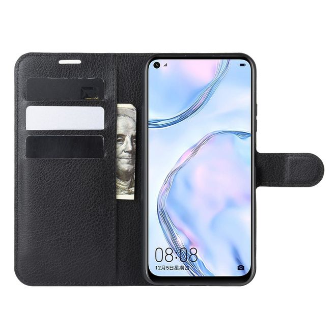 Huawei P40 Lite Handy Hülle - Litchi Leder Bookcover Series - schwarz
