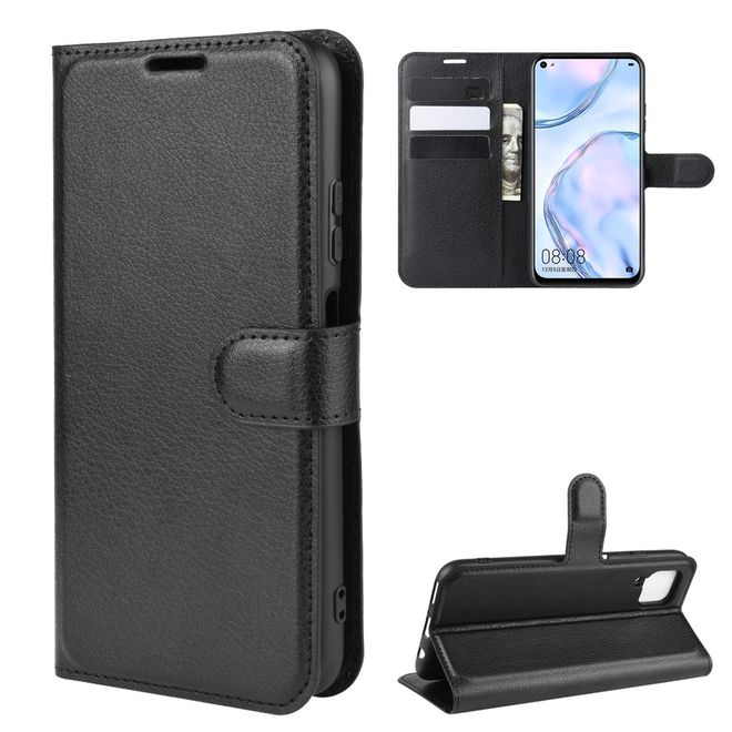 Huawei P40 Lite Handy Hülle - Litchi Leder Bookcover Series - schwarz