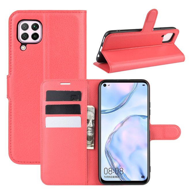 Huawei P40 Lite Handy Hülle - Litchi Leder Bookcover Series - rot