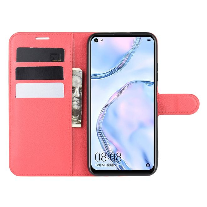 Huawei P40 Lite Handy Hülle - Litchi Leder Bookcover Series - rot