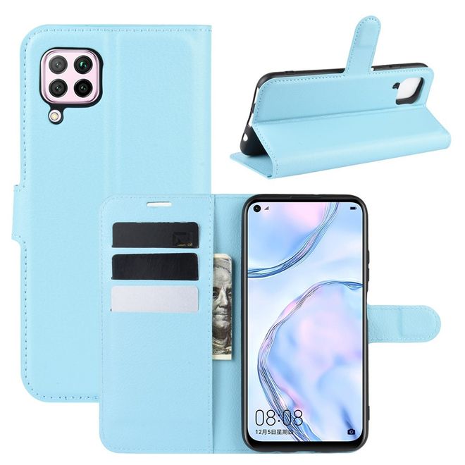Huawei P40 Lite Handy Hülle - Litchi Leder Bookcover Series - blau