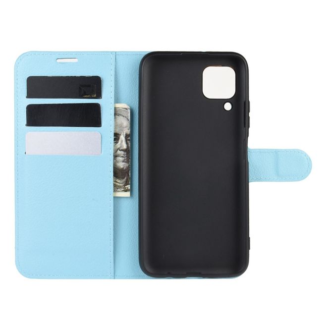 Huawei P40 Lite Handy Hülle - Litchi Leder Bookcover Series - blau