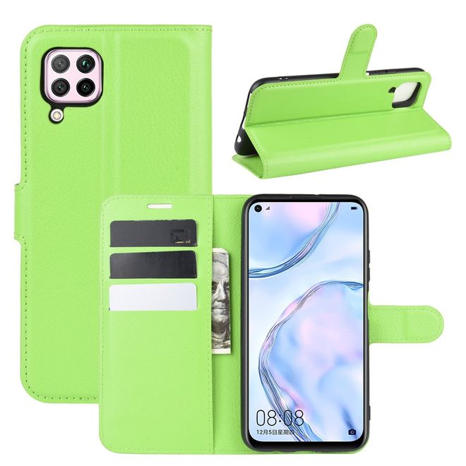 Huawei P40 Lite Handy Hülle - Litchi Leder Bookcover Series - grün