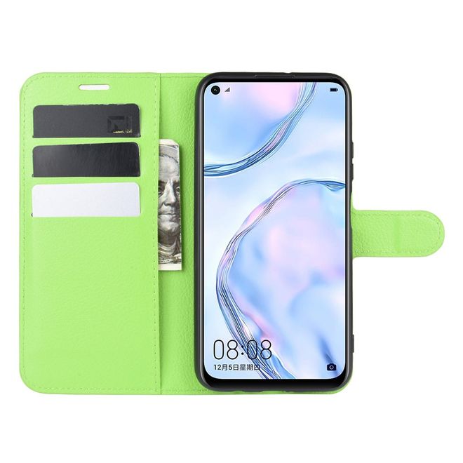 Huawei P40 Lite Handy Hülle - Litchi Leder Bookcover Series - grün
