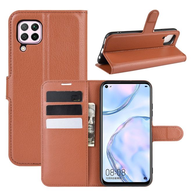 Huawei P40 Lite Handy Hülle - Litchi Leder Bookcover Series - braun