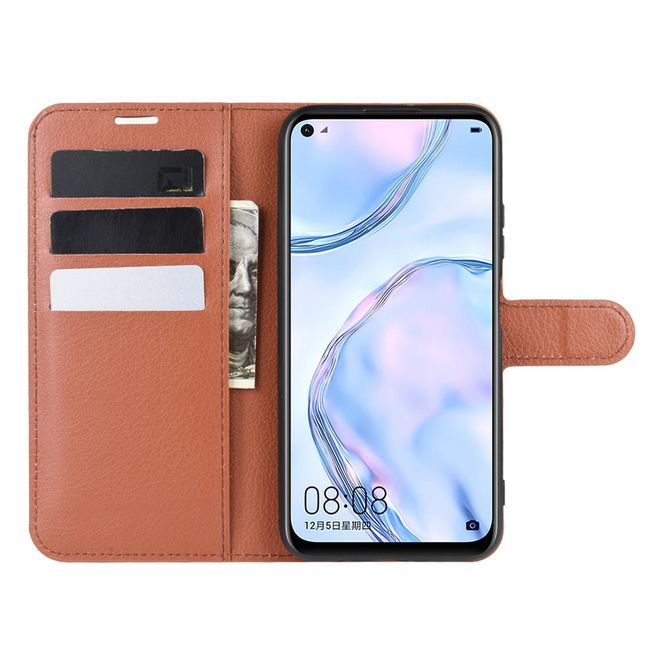 Huawei P40 Lite Handy Hülle - Litchi Leder Bookcover Series - braun